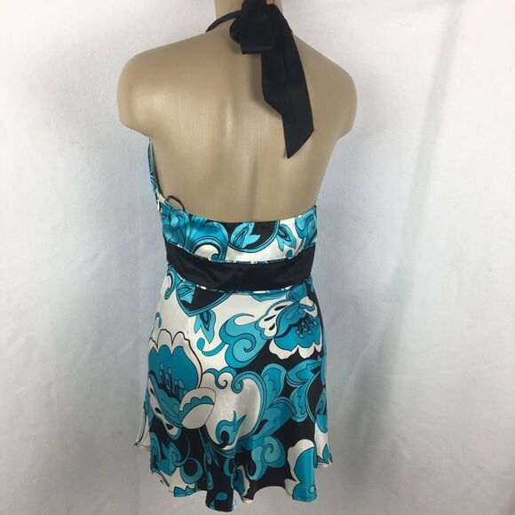 Cache 100% Silk Black White Blue Print Dark Floral Sleeveless Halter top 8 - Picture 3 of 9